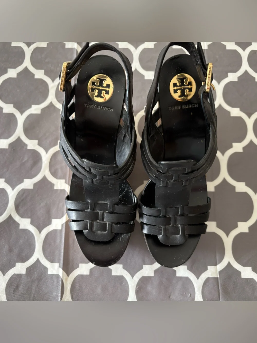 Tory Burch Leslie Black Leather Cork Wedge Sandals